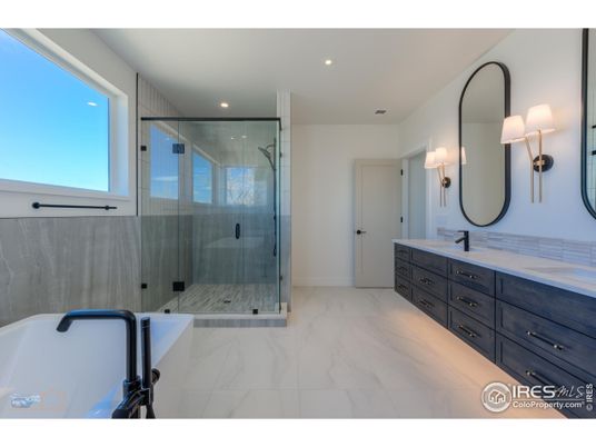 Bathroom, Dual Sink Vanities, Glass Shower, Interior, Marble, Recessed Lighting