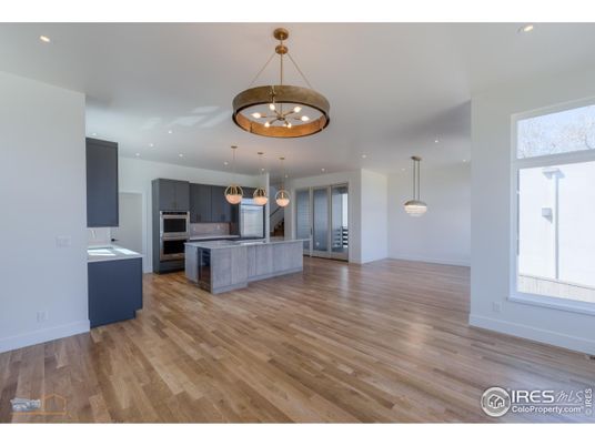 Empty room, Interior, Kitchen, Pendant Lights, Recessed Lighting, Stainless Steel Appliances, Wood Texture Flooring