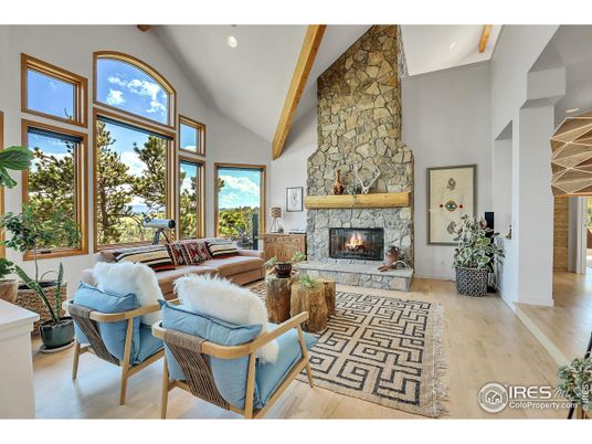 Fireplace, Interior, Living room, Recessed Lighting, Stone Walls, Wooden Beams, Wood Texture Flooring