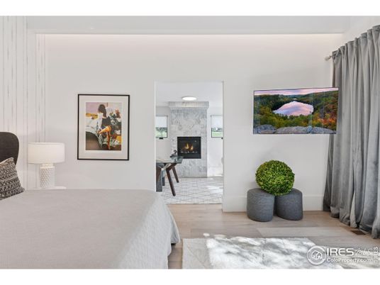 Bedroom, Fireplace, Interior, Wood Texture Flooring