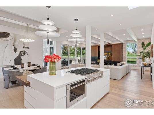 Dining room, Interior, Kitchen, Living room, Pendant Lights, Recessed Lighting, Stainless Steel Appliances, Wood Texture Flooring