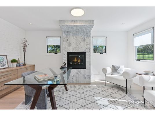 Fireplace, Home Office, Interior, Recessed Lighting, Wood Texture Flooring