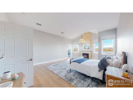 Bedroom, Fireplace, Interior, Pendant Lights, Wood Texture Flooring