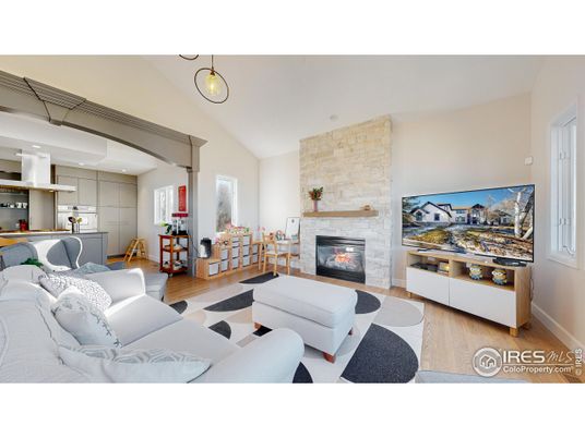 Fireplace, Interior, Kitchen, Living room, Recessed Lighting, Stone Walls, Wood Texture Flooring