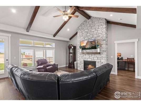 Fireplace, Interior, Living room, Recessed Lighting, Stone Walls, Wooden Beams, Wood Texture Flooring
