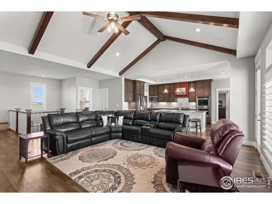 Interior, Kitchen, Living room, Pendant Lights, Recessed Lighting, Stainless Steel Appliances, Wooden Beams, Wood Texture Flooring