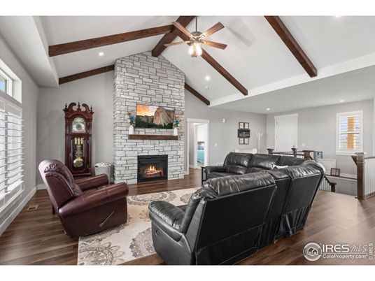 Fireplace, Interior, Living room, Recessed Lighting, Stone Walls, Wooden Beams, Wood Texture Flooring