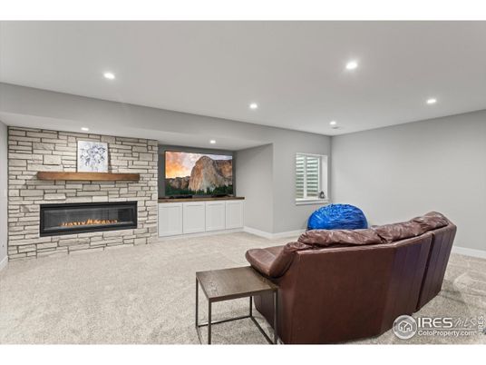 Fireplace, Interior, Living room, Recessed Lighting, Stone Walls