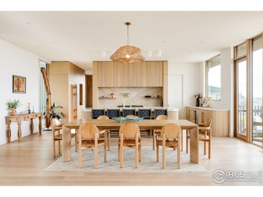 Dining room, Interior, Kitchen, Pendant Lights, Recessed Lighting, Wood Texture Flooring