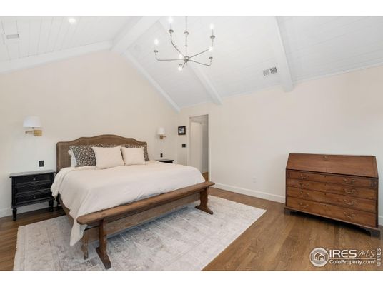 Bedroom, Chandelier, Interior, Recessed Lighting, Wood Texture Flooring