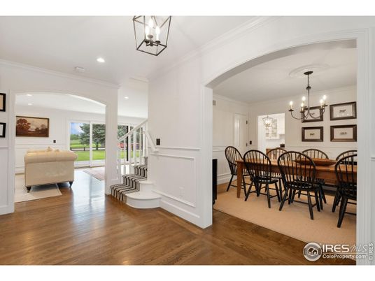 Chandelier, Dining room, Interior, Pendant Lights, Recessed Lighting, Wood Texture Flooring