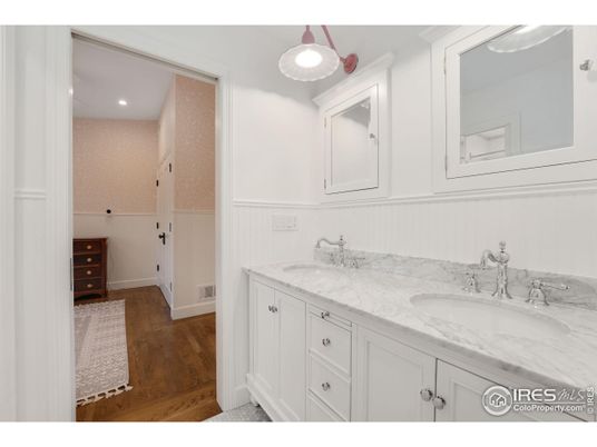 Bathroom, Dual Sink Vanities, Interior, Recessed Lighting, Wood Texture Flooring