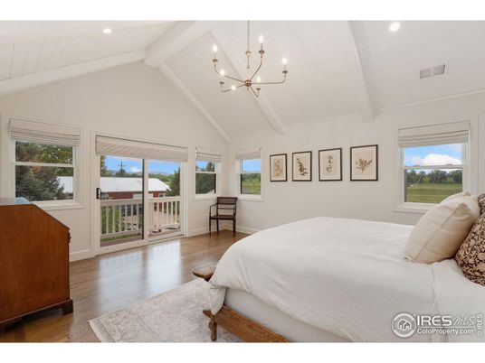 Bedroom, Chandelier, Interior, Recessed Lighting, Wood Texture Flooring