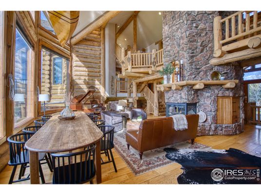 Dining room, Fireplace, Interior, Living room, Stone Walls, Wood Texture Flooring