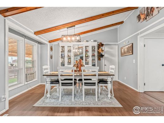 Dining room, Interior, Pendant Lights, Wooden Beams, Wood Texture Flooring