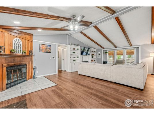 Fireplace, Interior, Living room, Recessed Lighting, Wooden Beams, Wood Texture Flooring
