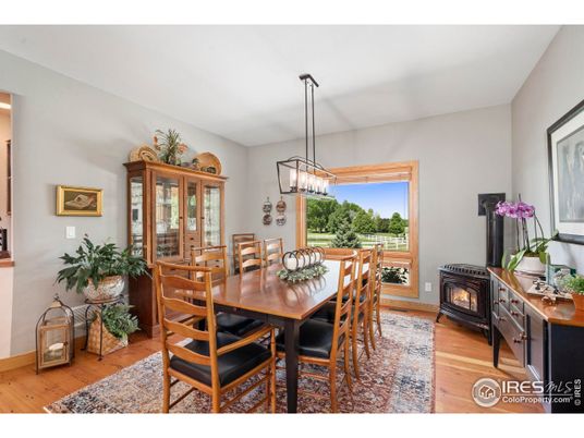 Dining room, Fireplace, Interior, Pendant Lights, Wood Texture Flooring