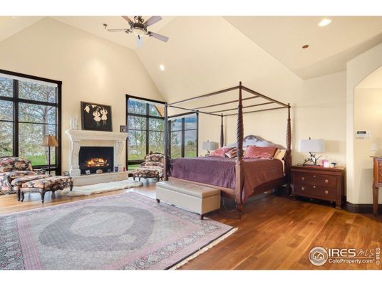 Bedroom, Fireplace, Interior, Recessed Lighting, Wood Texture Flooring