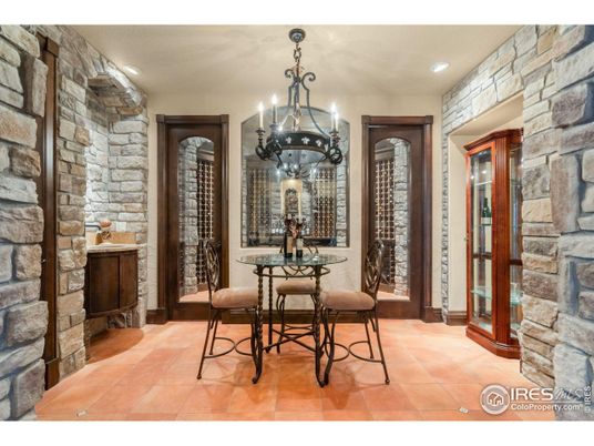 Chandelier, Dining room, Interior, Recessed Lighting, Stone Walls, Wine Storage