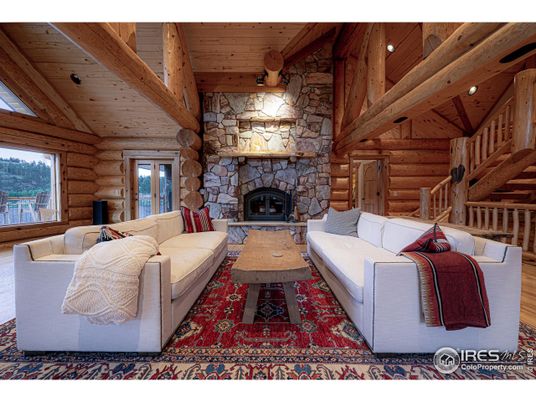 Fireplace, Interior, Living room, Recessed Lighting, Stone Walls, Wooden Beams, Wooden Ceilings, Wood Texture Flooring, Wooden Walls