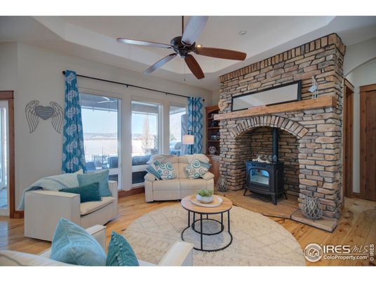Fireplace, Interior, Living room, Stone Walls, Water, Wood Texture Flooring