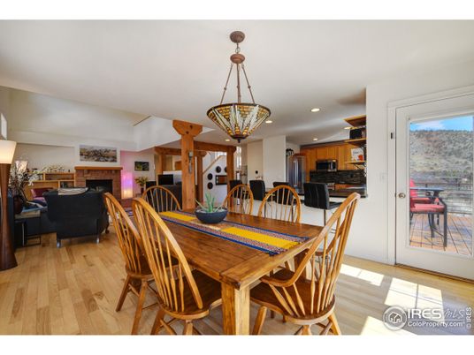 Dining room, Fireplace, Interior, Kitchen, Living room, Pendant Lights, Recessed Lighting, Wood Texture Flooring
