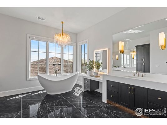 Bathroom, Chandelier, Dual Sink Vanities, Free Standing Baths, Interior, Marble, Recessed Lighting