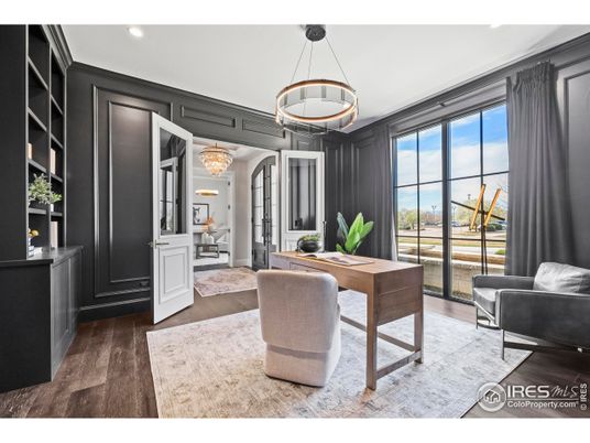 Chandelier, Home Office, Interior, Pendant Lights, Recessed Lighting, Wood Texture Flooring