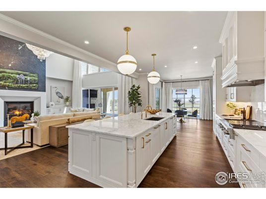 Dining room, Fireplace, Interior, Kitchen, Living room, Pendant Lights, Recessed Lighting, Wood Texture Flooring