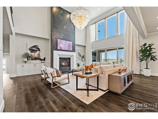 Chandelier, Fireplace, Interior, Living room, Recessed Lighting, Wood Texture Flooring