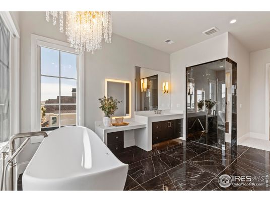Bathroom, Chandelier, Dual Sink Vanities, Free Standing Baths, Interior, Marble, Recessed Lighting