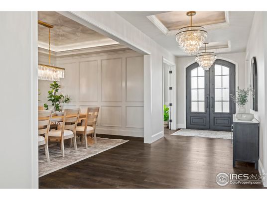 Chandelier, Dining room, Interior, Wood Texture Flooring