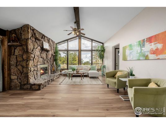 Fireplace, Interior, Living room, Stone Walls, Wood Texture Flooring
