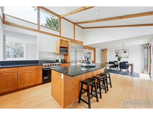 Dining room, Interior, Kitchen, Pendant Lights, Recessed Lighting, Stainless Steel Appliances, Wooden Beams, Wood Texture Flooring
