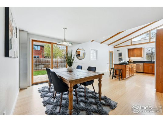 Dining room, Interior, Kitchen, Pendant Lights, Recessed Lighting, Wooden Beams, Wood Texture Flooring