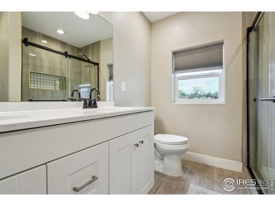 Bathroom, Glass Shower, Interior, Recessed Lighting, Wood Texture Flooring