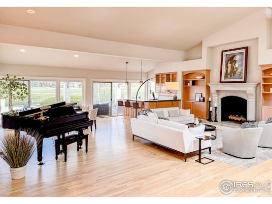 Fireplace, Interior, Living room, Piano, Recessed Lighting, Wood Texture Flooring