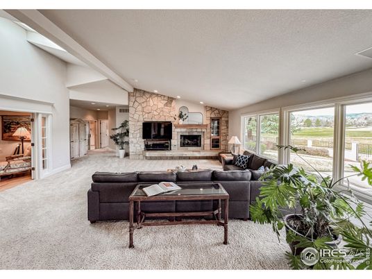 Fireplace, Interior, Living room, Recessed Lighting, Stone Walls