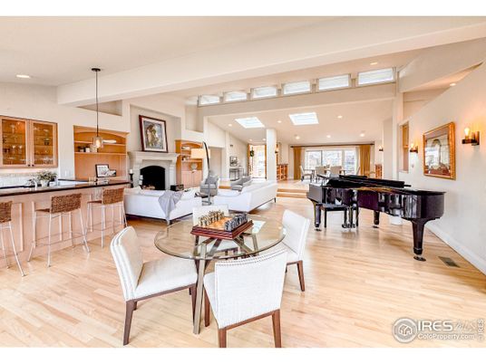 Fireplace, Interior, Living room, Pendant Lights, Piano, Recessed Lighting, Wood Texture Flooring