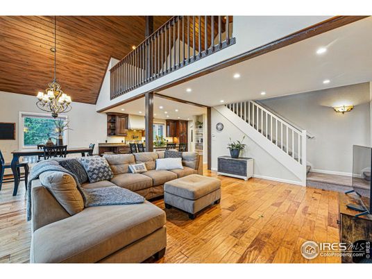 Chandelier, Dining room, Interior, Living room, Recessed Lighting, Wooden Ceilings, Wood Texture Flooring