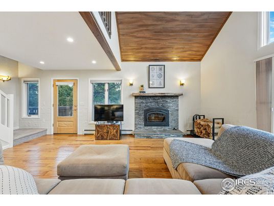 Fireplace, Interior, Living room, Recessed Lighting, Wooden Ceilings, Wood Texture Flooring