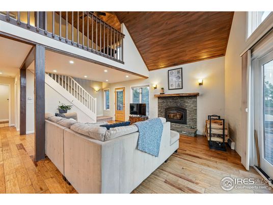 Fireplace, Interior, Living room, Recessed Lighting, Wooden Ceilings, Wood Texture Flooring
