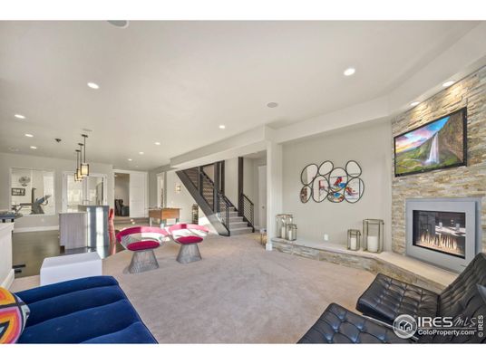 Fireplace, Interior, Kitchen, Living room, Pendant Lights, Recessed Lighting, Stone Walls