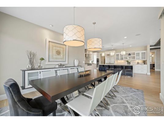 Dining room, Interior, Kitchen, Pendant Lights, Recessed Lighting, Wood Texture Flooring
