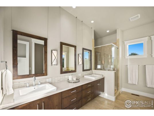 Bathroom, Dual Sink Vanities, Glass Shower, Interior, Recessed Lighting, Wood Texture Flooring