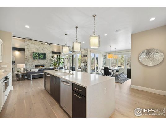 Dining room, Fireplace, Interior, Kitchen, Living room, Pendant Lights, Recessed Lighting, Stainless Steel Appliances, Stone Walls, Wood Texture Flooring