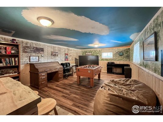 Game Room, Home Office, Interior, Stone Walls, Wood Texture Flooring