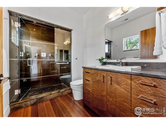 Bathroom, Glass Shower, Interior, Wood Texture Flooring