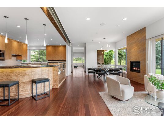 Dining room, Fireplace, Interior, Kitchen, Living room, Pendant Lights, Recessed Lighting, Stainless Steel Appliances, Wood Texture Flooring