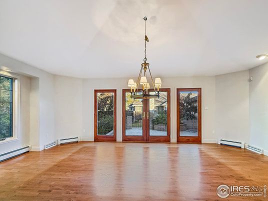 Chandelier, Empty room, Interior, Recessed Lighting, Wood Texture Flooring